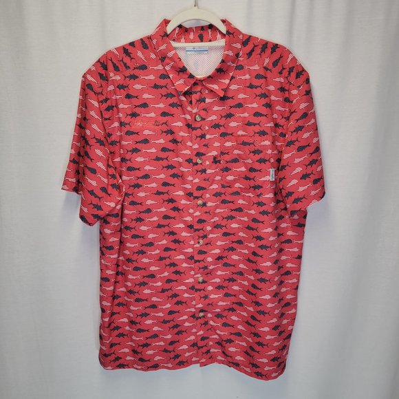 Columbia Other - Columbia Pfg Men's Large Button Front Shirt Red Budweiser Fish Print